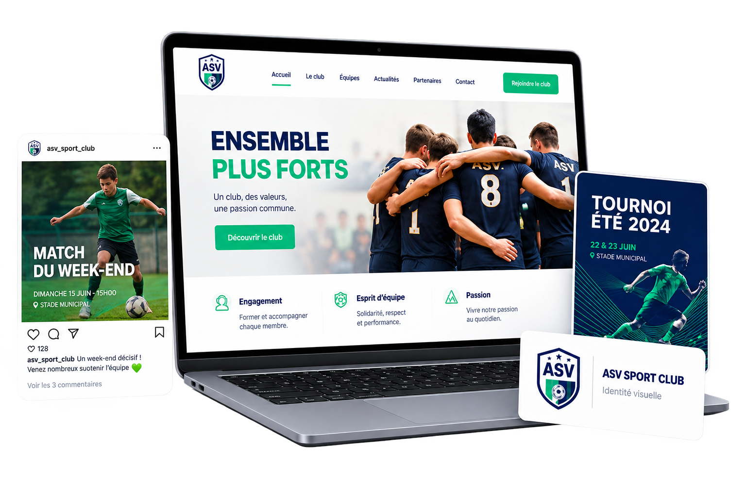 Illustration des créations Alyo pour un club sportif : site web, réseaux sociaux, affiche et identité visuelle